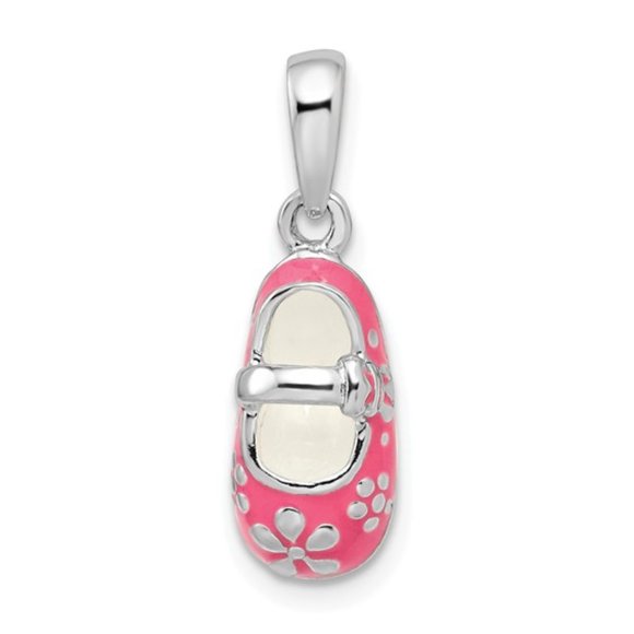 Sterling Silver Polished 3D Pink Enameled w/ Flowers Baby Shoe Charm Pendant - Picture 3 of 7